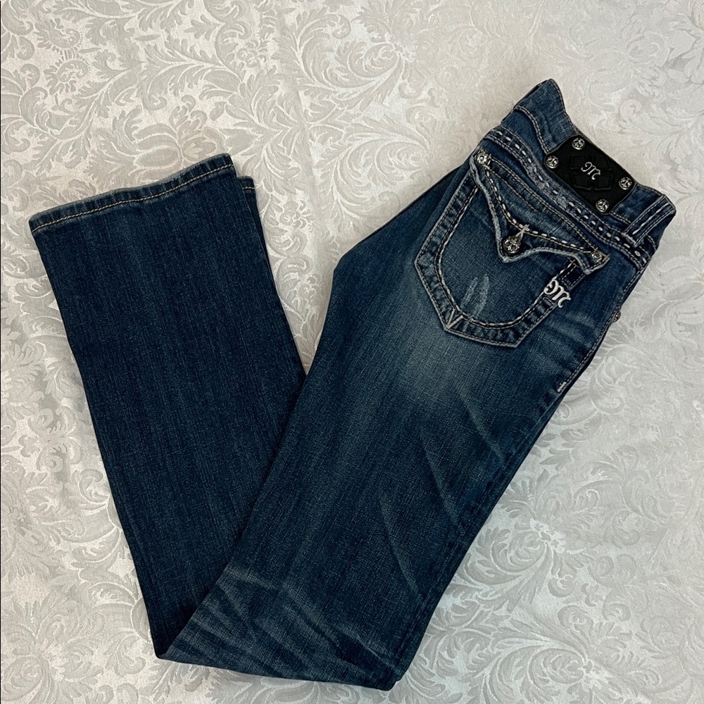 Miss Me Bootcut Jeans Medium Wash Rhinestone Flap Pocket Whiskered - Sz 28